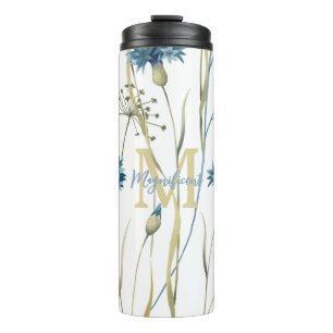 Monogram Floral Light Blue Gold White Thermal Tumbler