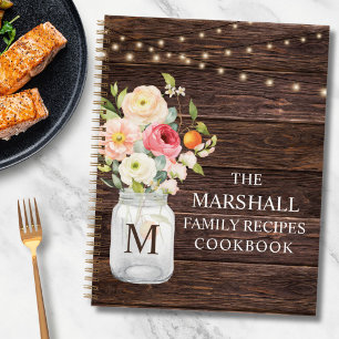 Monogram Floral Mason Jar Family Recipe Cookbook Notebook