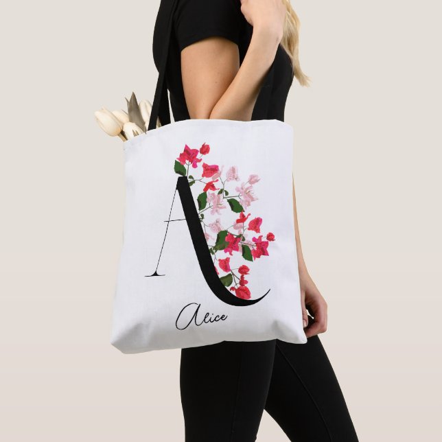 Monogram Floral Name Tote Bag Letter A (Close Up)