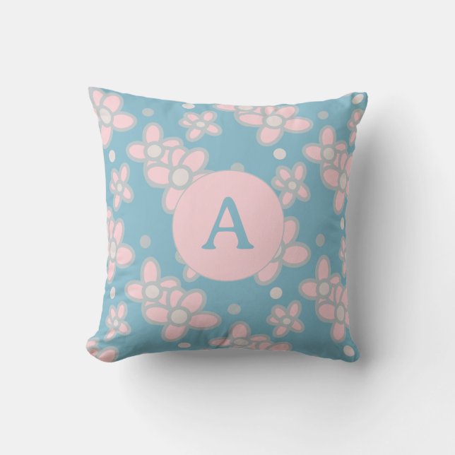 Monogram Floral Pastel Retro Throw Pillow (Front)