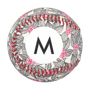 Monogram Floral pattern with cartoon birds 2 Baseball