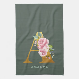 Monogram Floral Personalized Faux Gold Letter A Kitchen Towel