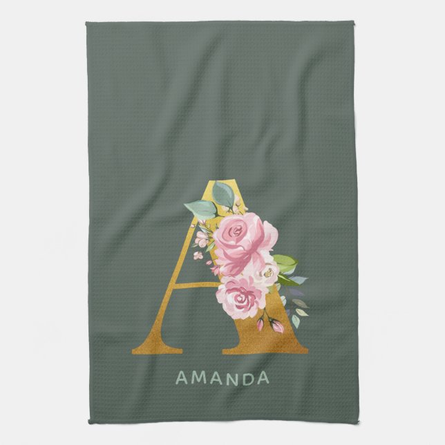 Monogram Floral Personalized Faux Gold Letter A Kitchen Towel (Vertical)