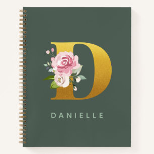 Monogram Floral Personalized Faux Gold Letter D Notebook