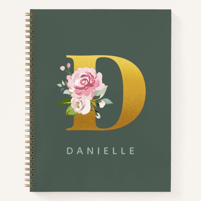 Monogram Floral Personalized Faux Gold Letter D Notebook (Front)
