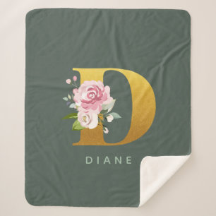 Monogram Floral Personalized Faux Gold Letter D Sherpa Blanket
