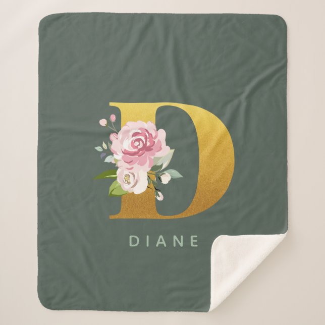 Monogram Floral Personalized Faux Gold Letter D Sherpa Blanket (Front)