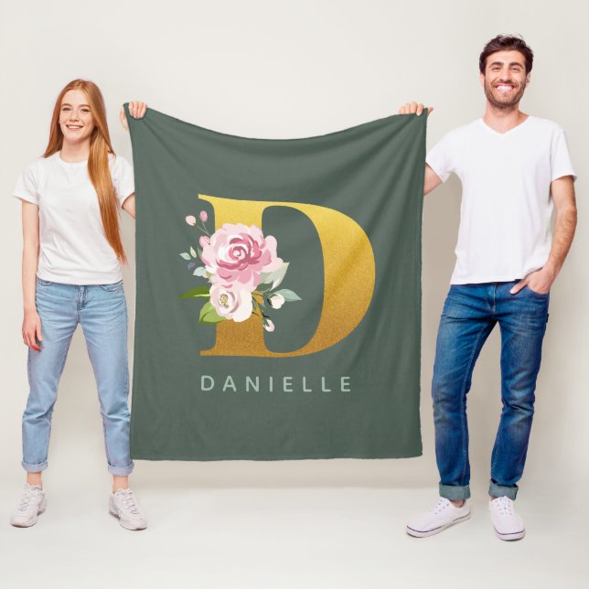Monogram Floral Personalized Letter D Fleece Blanket (In Situ)