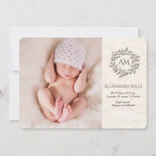 Monogram Floral Photo Birth Announcement