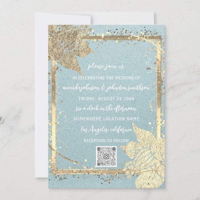 Monogram Floral Photo Gold Frame QRCode Blue Kraft Invitation (Front)