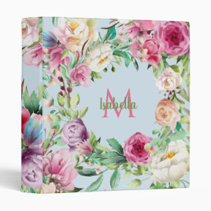 Monogram Floral Pink Green Blue Watercolor Binder