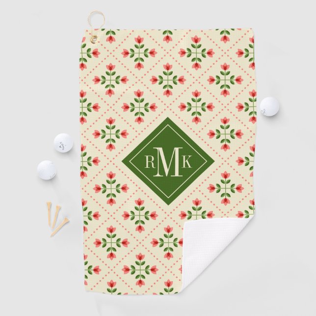 Monogram | Floral Pink & Green Quilt Folk Art Golf Towel (InSitu)
