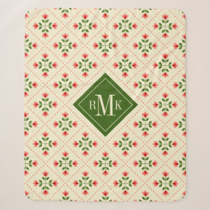 Monogram   Floral Pink & Green Quilt Folk Art Sherpa Blanket