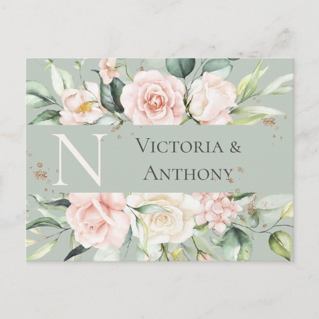 Monogram Floral Pink Watercolor Save the Date Postcard (Front)