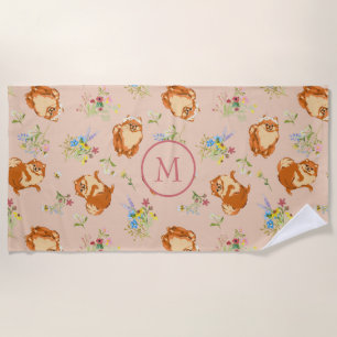 Monogram Floral Pomeranian Pattern Blush Pink Beach Towel