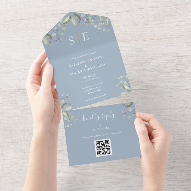 Monogram Floral QR Code Dusty Blue Wedding All In One Invitation (Tearaway)