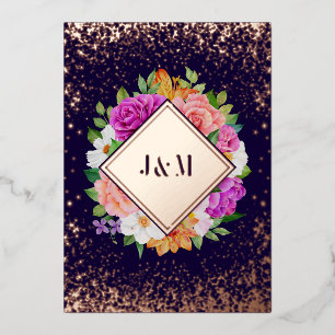 Monogram Floral Rose Gold Wedding Foil Invitation