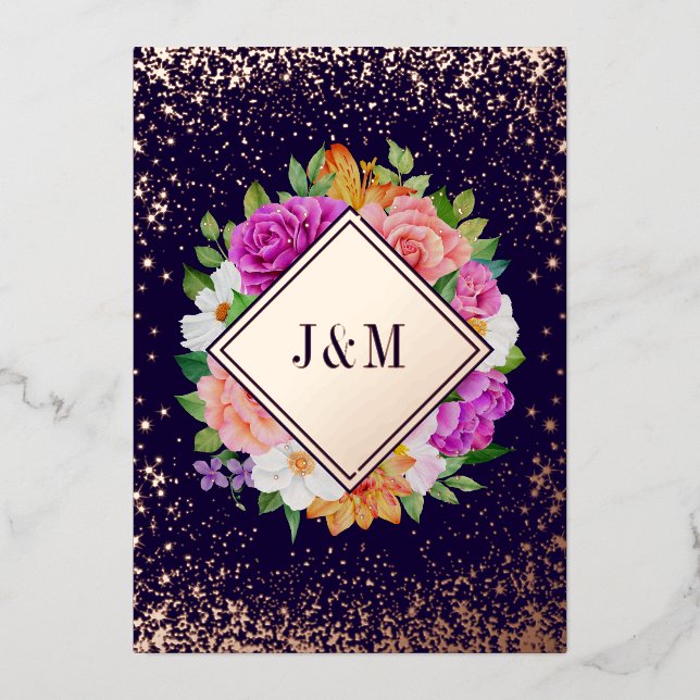 Monogram Floral Rose Gold Wedding Foil Invitation (Front)