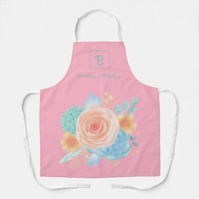Monogram Floral Rose Pink Apron (Front)