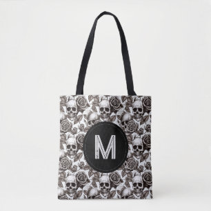Monogram Floral Skull Black White Halloween  Tote Bag