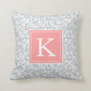 Monogram Floral Vineyard in Pink Coral and Grey Throw Pillow