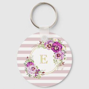 Monogram Floral Vintage Pansies Purple Stripes Keychain