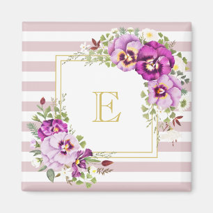 Monogram Floral Vintage Pansies Purple Stripes Magnet