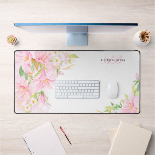 Monogram Floral Watercolor Botanical Pink Feminine Desk Mat