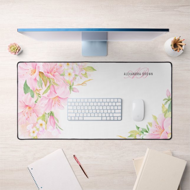 Monogram Floral Watercolor Botanical Pink Feminine Desk Mat (Office 1)