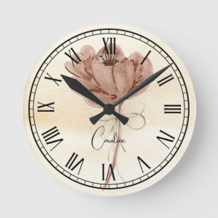 Monogram floral watercolor painting artwork script round clock