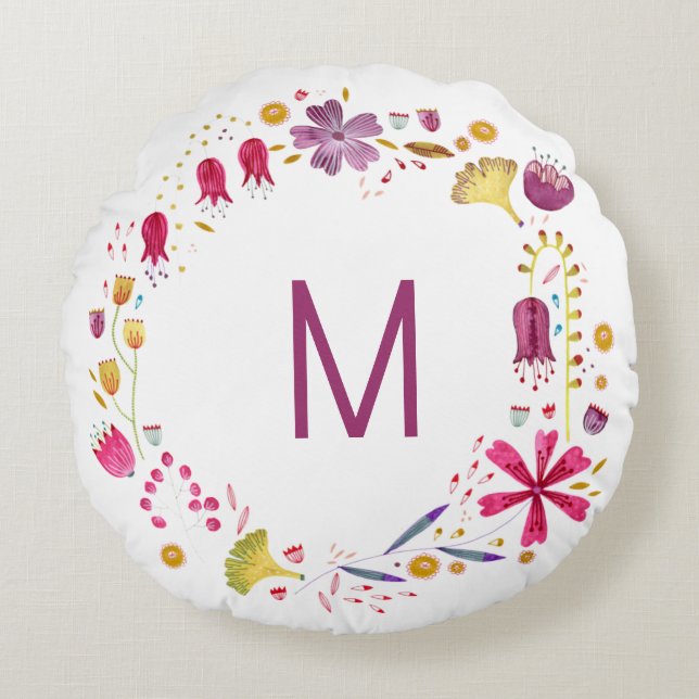 Monogram Floral Watercolor Round Pillow (Front)