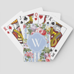Monogram Floral Weathered Blue Stripe Playing Cards
