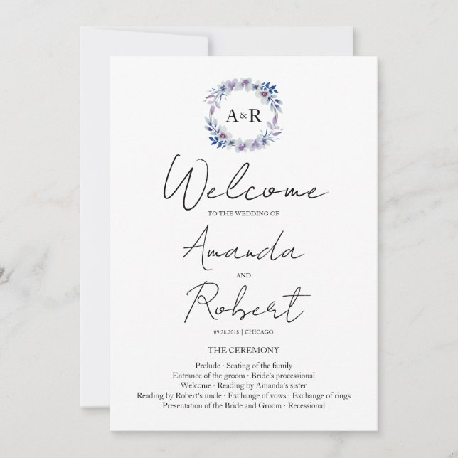 Monogram Floral Wedding Ceremony Program (Front)