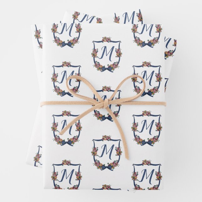 Monogram Floral Wedding Crest Personalized  Wrapping Paper Sheet (In situ)