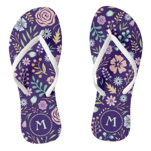 Monogram Floral Whimsical Boho Pattern Flip Flops