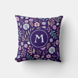 Monogram Floral Whimsical Boho Throw Pillow