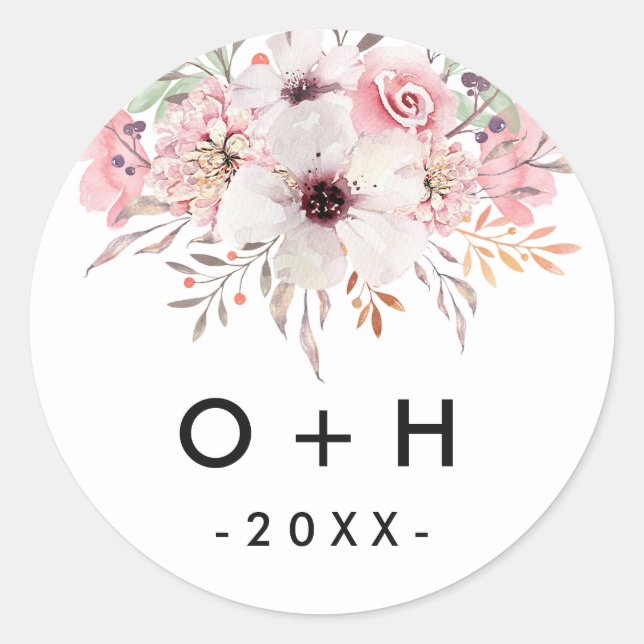 Monogram Floral White Wedding Favour Round Sticker (Front)