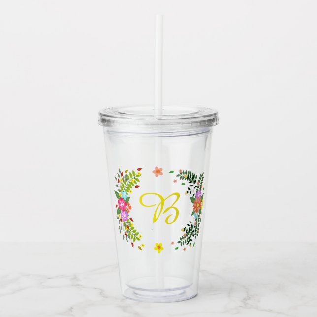 Monogram Floral wreath Acrylic Tumbler (Front)