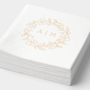Monogram Floral Wreath Gold Foil Wedding Napkins