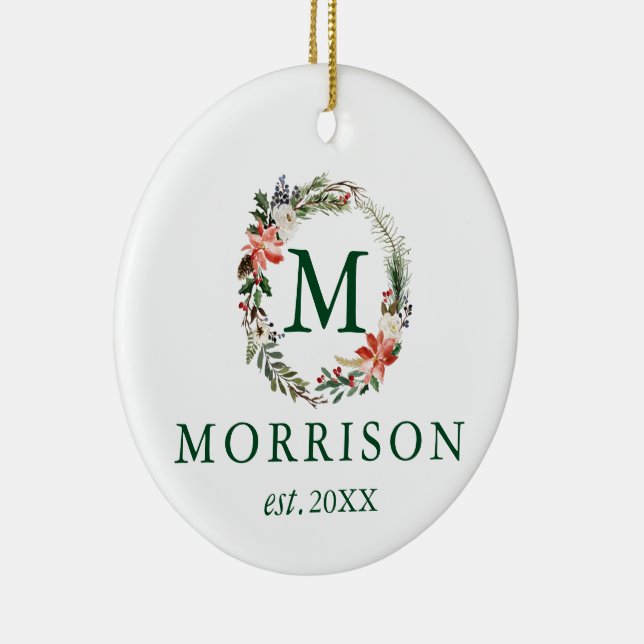 Monogram Floral Wreath Newlywed PHOTO BACK Ceramic Ornament (Right)