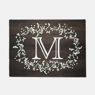 Monogram Floral Wreath & Rustic Wood Effect Doormat