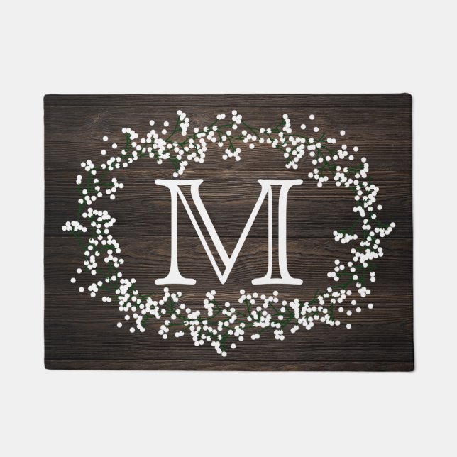 Monogram Floral Wreath & Rustic Wood Effect Doormat (Front)