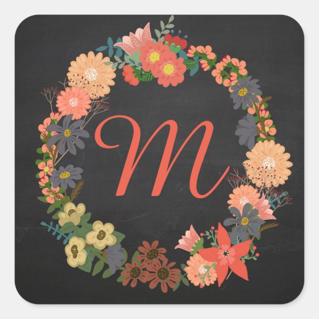 Monogram Floral Wreath, Stickers Carrés (Devant)