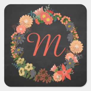 Monogram Floral Wreath, Stickers Carrés