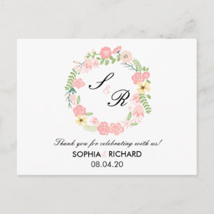 Monogram Floral Wreath Wedding Thank you Postcard