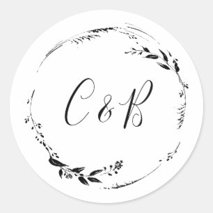 Monogram Floral Wreath White Script Wedding  Classic Round Sticker