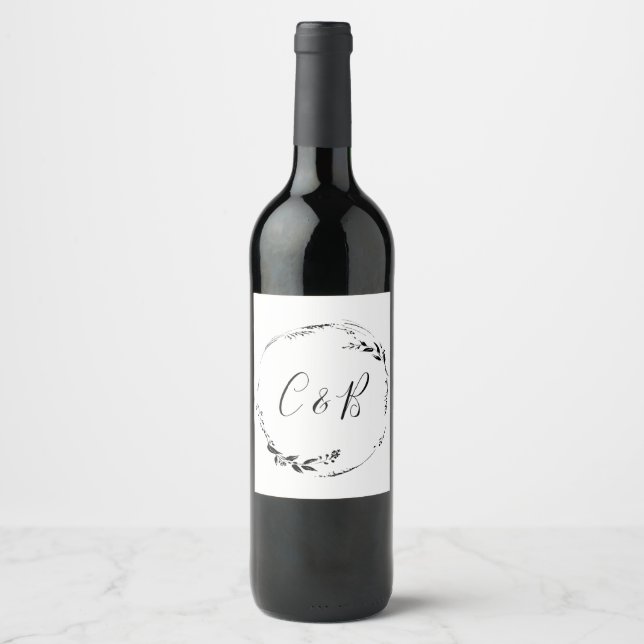 Monogram Floral Wreath White Script Wedding Wine Label (Front)