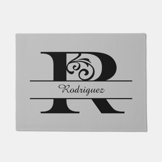Monogram Flourish Letter R with Name Doormat (Front)