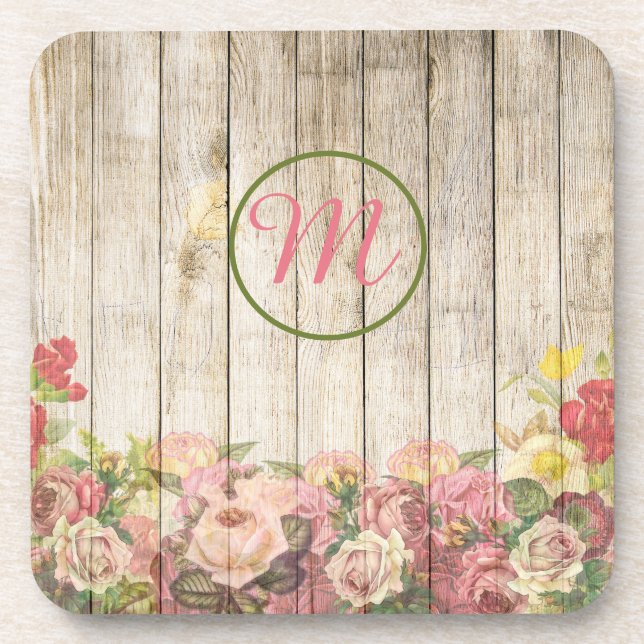 Monogram Flower Garden at Wooden Fence Coaster (Front)