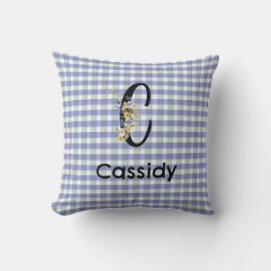 Monogram  flower gingham blue green pattern throw pillow